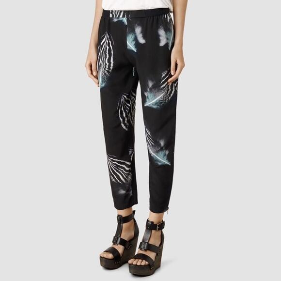 All Saints Helena Piuma Silk Trouser Feathers Print Size 2 Black Artsy Statement - Picture 2 of 16